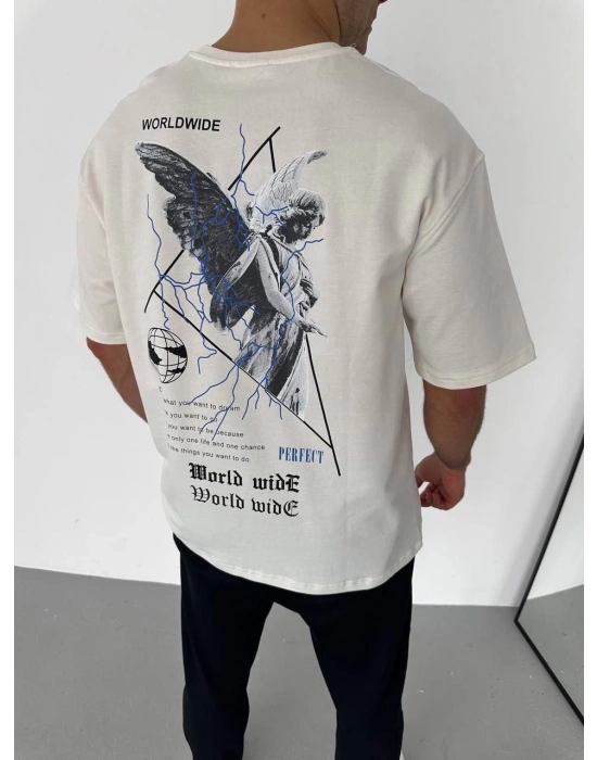 Bisiklet Yaka Baskılı Oversize T-Shirt - Beyaz -