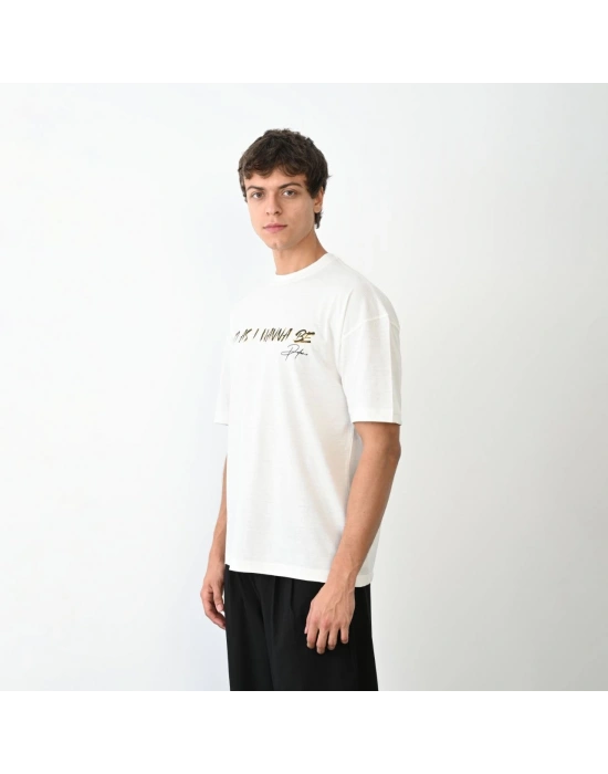 Bisiklet Yaka Baskılı Oversize T-Shirt - Beyaz -