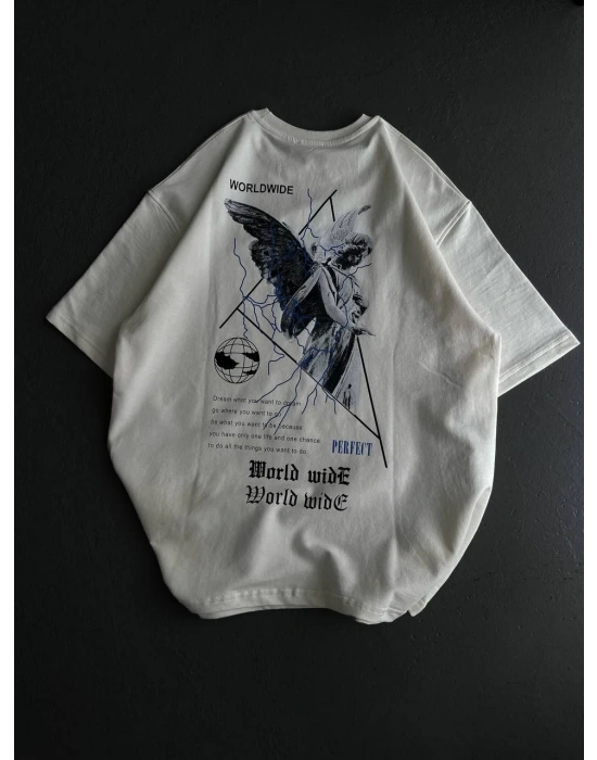 Bisiklet Yaka Baskılı Oversize T-Shirt - Beyaz -