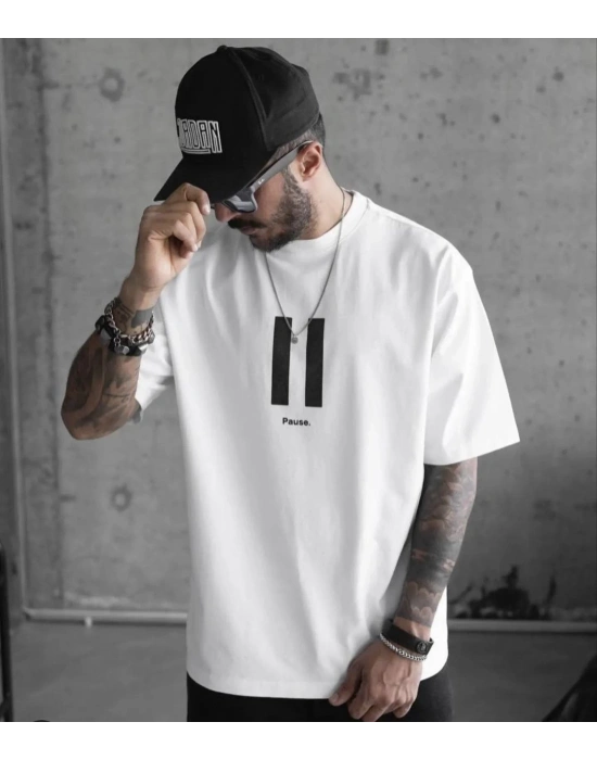 Bisiklet Yaka Baskılı Oversize T-Shirt - Beyaz -