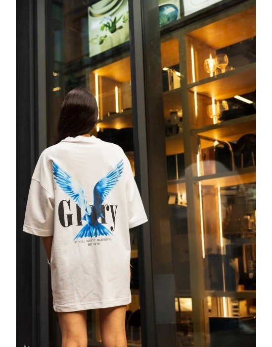 Bisiklet Yaka Baskılı Oversize T-Shirt - Beyaz -