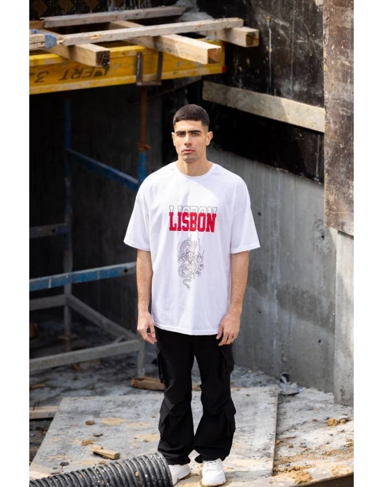 Bisiklet Yaka Baskılı Oversize T-Shirt - Beyaz -