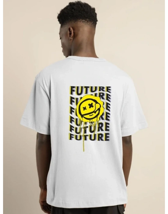 Bisiklet Yaka Baskılı Oversize T-Shirt - Beyaz -