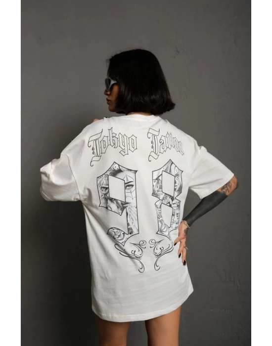 Bisiklet Yaka Baskılı Oversize T-Shirt - Beyaz -