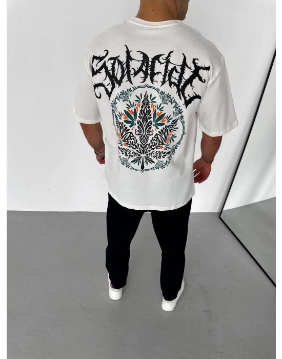 Bisiklet Yaka Baskılı Oversize T-Shirt - Beyaz -