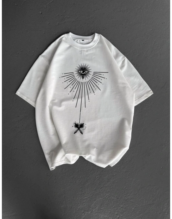 Bisiklet Yaka Baskılı Oversize T-Shirt - Beyaz -