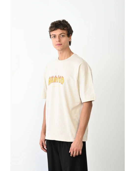 Bisiklet Yaka Baskılı Oversize T-Shirt - Beyaz -