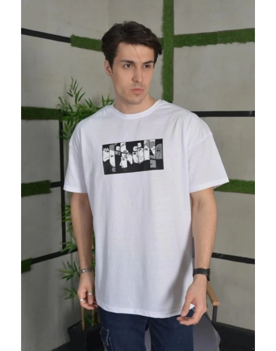 Bisiklet Yaka Baskılı Oversize T-Shirt - Beyaz -