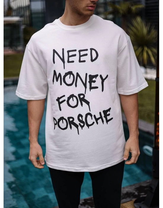 Bisiklet Yaka Baskılı Oversize T-Shirt - Beyaz