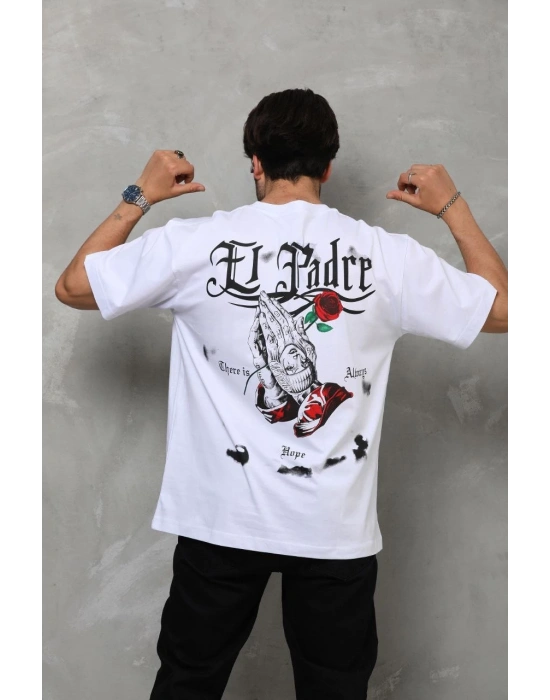 Bisiklet Yaka Baskılı Oversize T-Shirt - Beyaz -