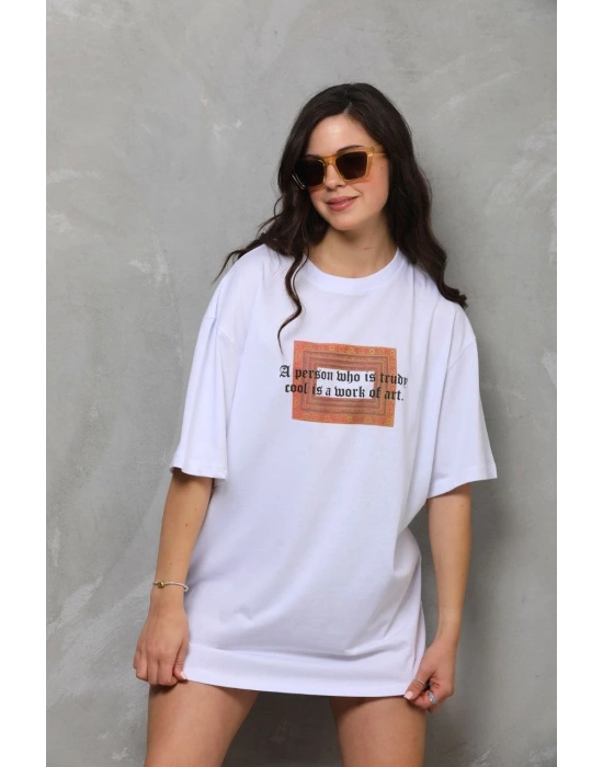 Bisiklet Yaka Baskılı Oversize T-Shirt - Beyaz -