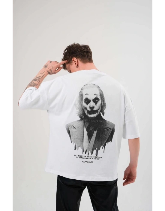 Bisiklet Yaka Baskılı Oversize T-Shirt - Beyaz -