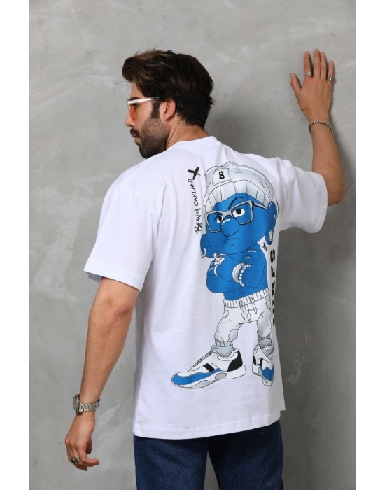 Bisiklet Yaka Baskılı Oversize T-Shirt - Beyaz -