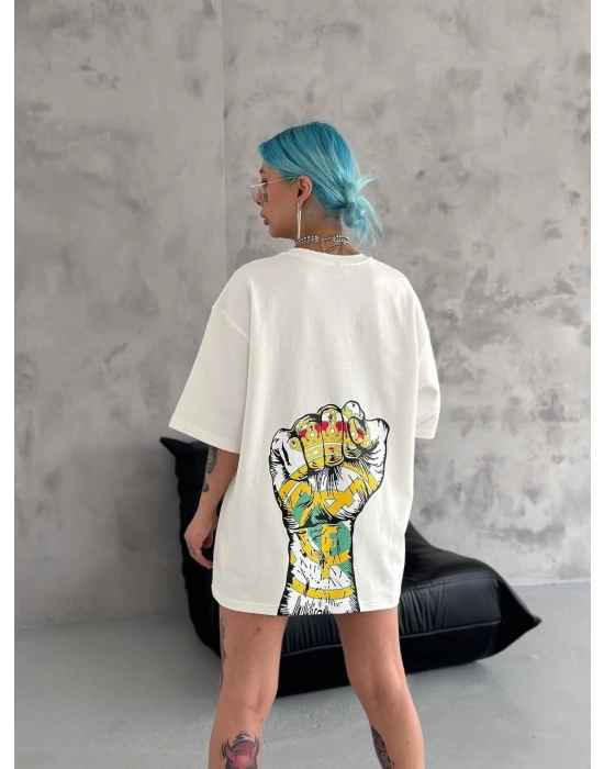 Bisiklet Yaka Baskılı Oversize T-Shirt - Beyaz -