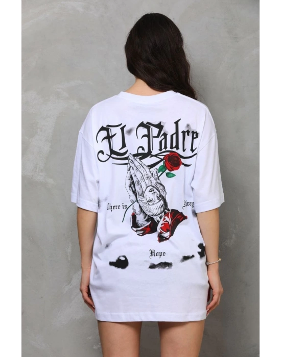 Bisiklet Yaka Baskılı Oversize T-Shirt - Beyaz -