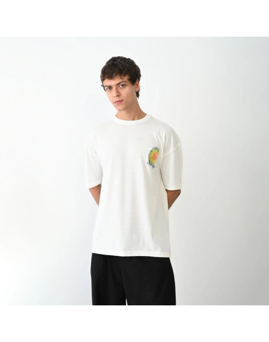 Bisiklet Yaka Baskılı Oversize T-Shirt - Beyaz -