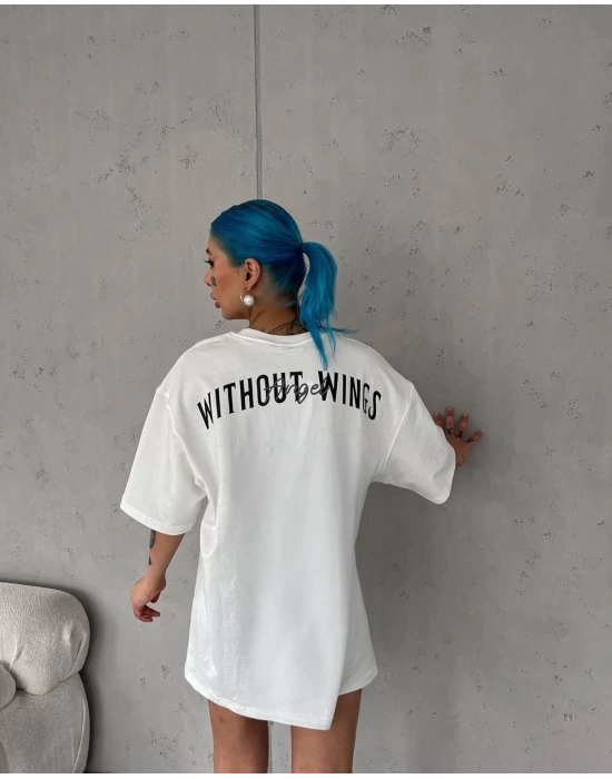 Bisiklet Yaka Baskılı Oversize T-Shirt - Beyaz -