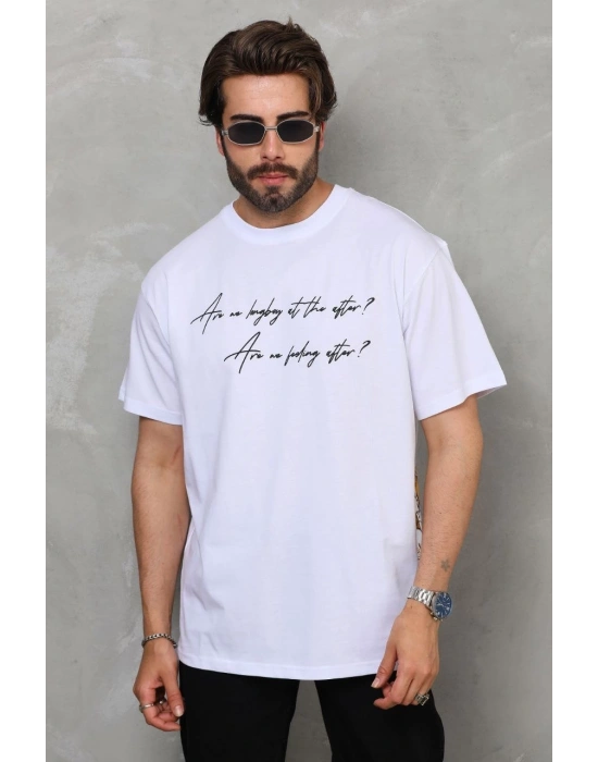 Bisiklet Yaka Baskılı Oversize T-Shirt - Beyaz