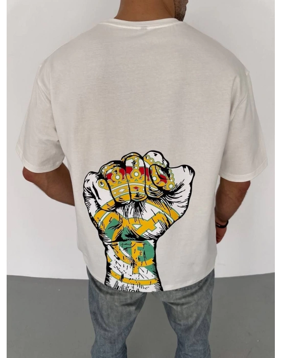 Bisiklet Yaka Baskılı Oversize T-Shirt - Beyaz -