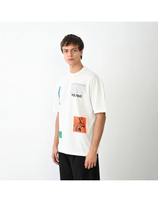 Bisiklet Yaka Baskılı Oversize T-Shirt - Beyaz -