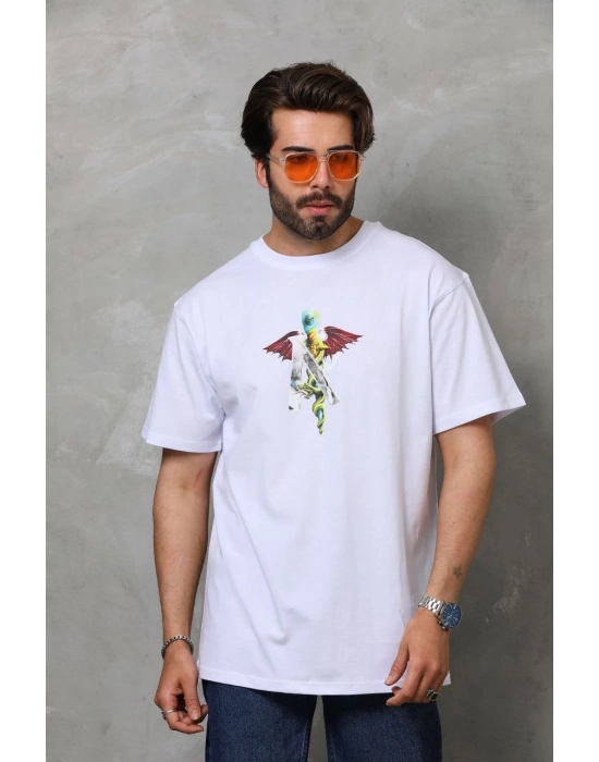 Bisiklet Yaka Baskılı Oversize T-Shirt - Beyaz -