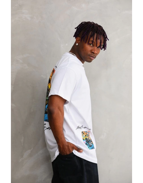 Bisiklet Yaka Baskılı Oversize T-Shirt - Beyaz -