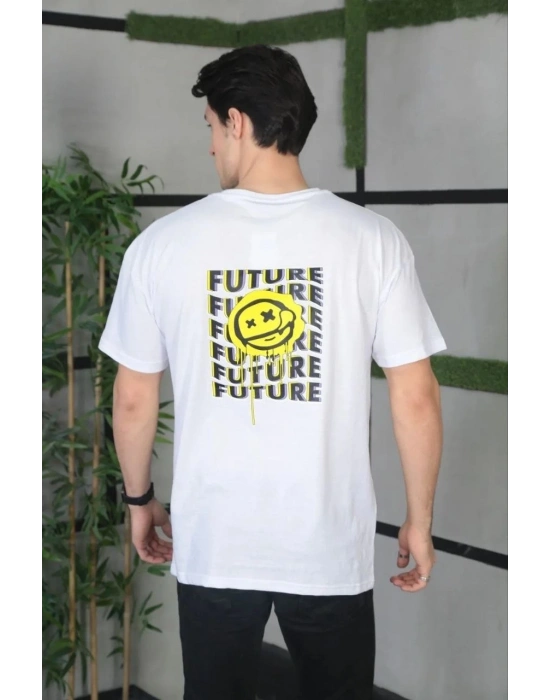 Bisiklet Yaka Baskılı Oversize T-Shirt - Beyaz -