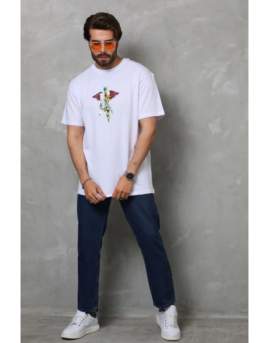 Bisiklet Yaka Baskılı Oversize T-Shirt - Beyaz -