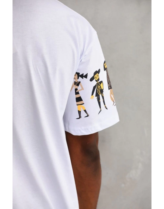 Bisiklet Yaka Baskılı Oversize T-Shirt - Beyaz -