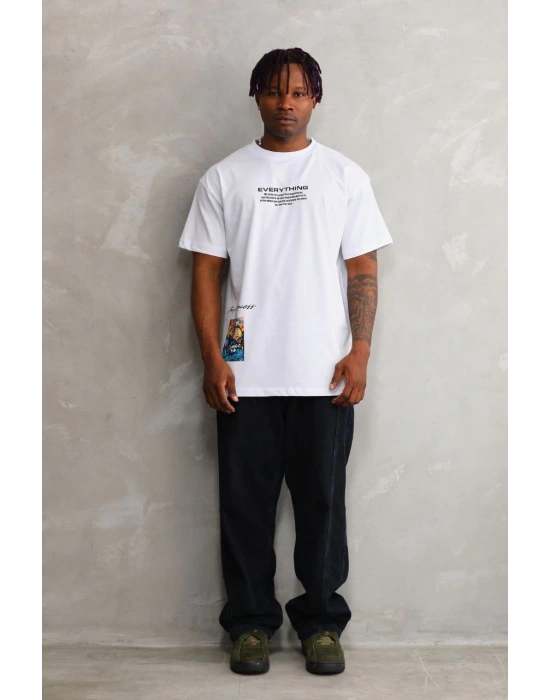 Bisiklet Yaka Baskılı Oversize T-Shirt - Beyaz -