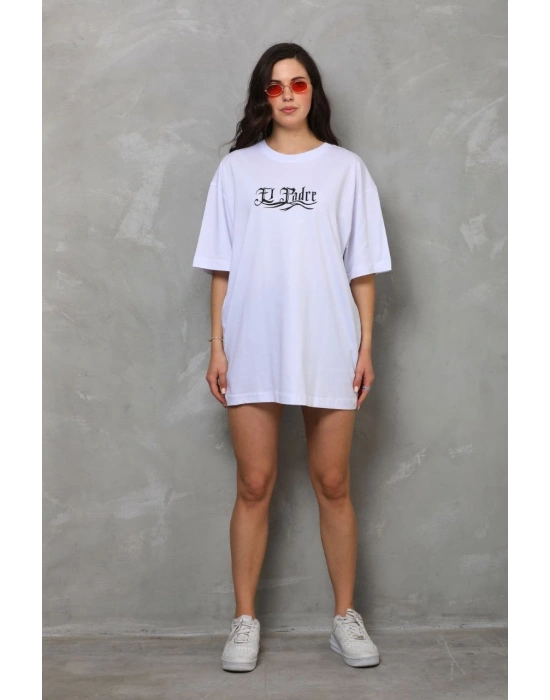 Bisiklet Yaka Baskılı Oversize T-Shirt - Beyaz -