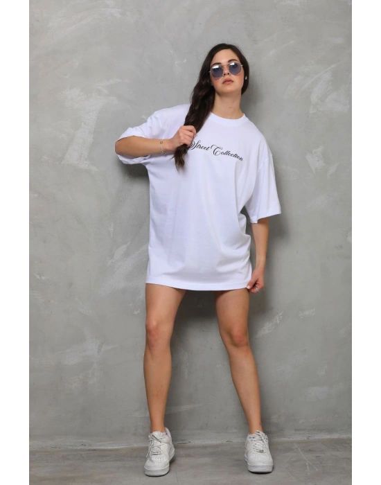 Bisiklet Yaka Baskılı Oversize T-Shirt - Beyaz
