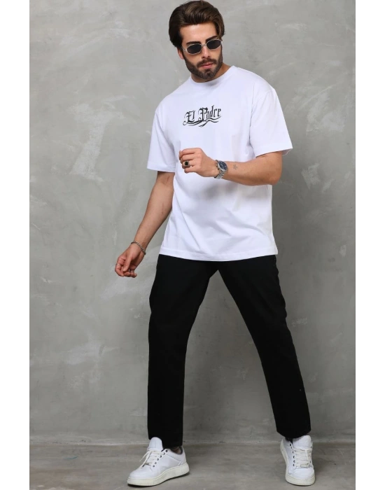 Bisiklet Yaka Baskılı Oversize T-Shirt - Beyaz -