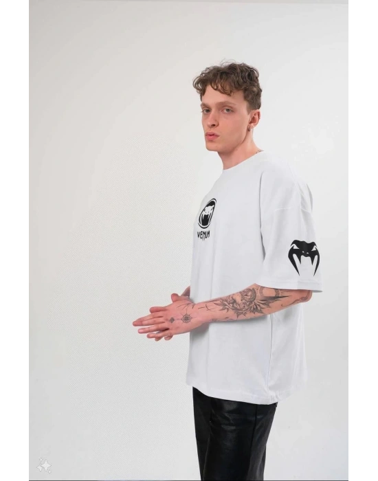 Bisiklet Yaka Baskılı Oversize T-Shirt - Beyaz -