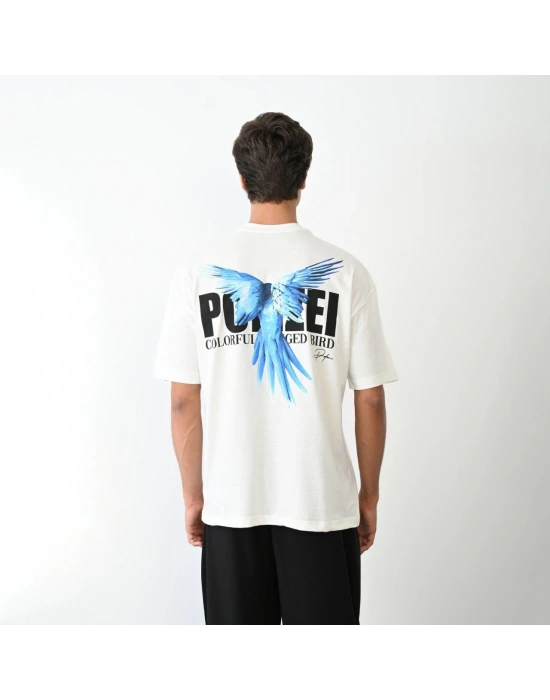 Bisiklet Yaka Baskılı Oversize T-Shirt - Beyaz -