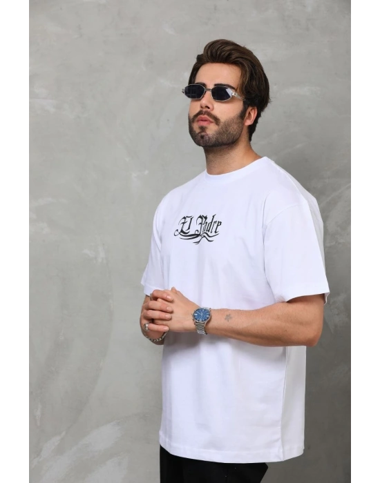 Bisiklet Yaka Baskılı Oversize T-Shirt - Beyaz -