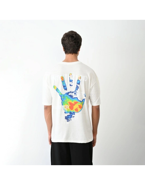 Bisiklet Yaka Baskılı Oversize T-Shirt - Beyaz -