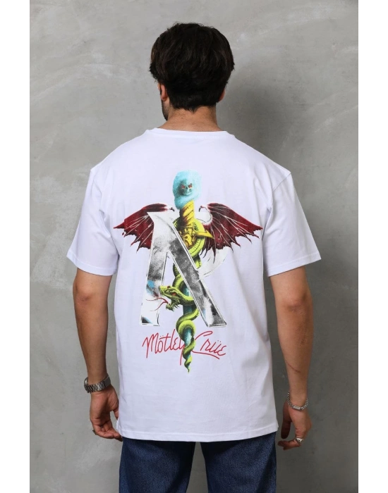 Bisiklet Yaka Baskılı Oversize T-Shirt - Beyaz -