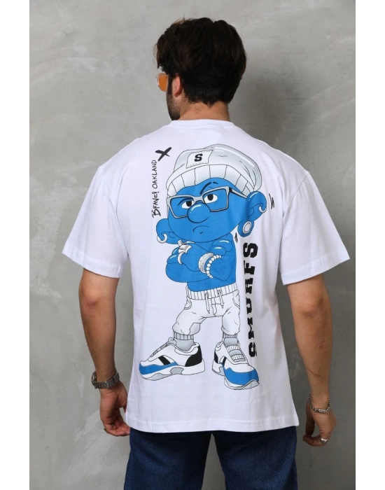 Bisiklet Yaka Baskılı Oversize T-Shirt - Beyaz -