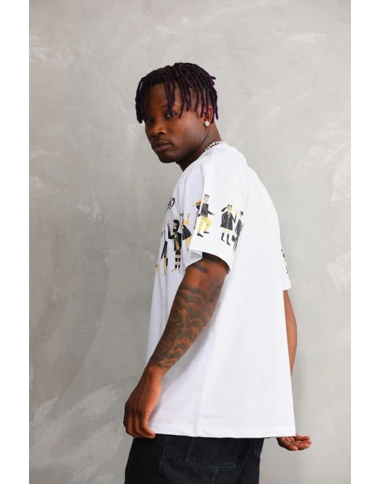 Bisiklet Yaka Baskılı Oversize T-Shirt - Beyaz -