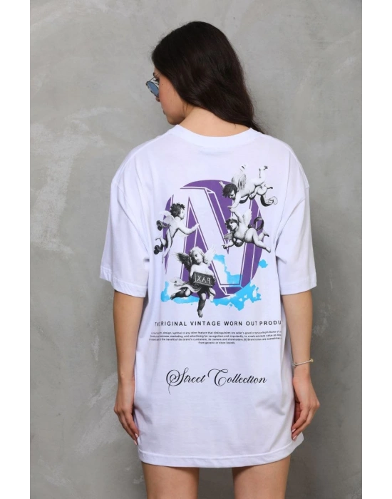 Bisiklet Yaka Baskılı Oversize T-Shirt - Beyaz