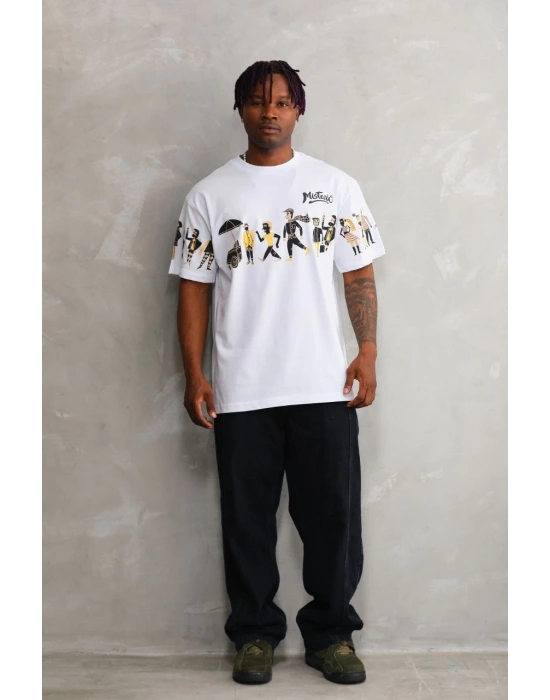 Bisiklet Yaka Baskılı Oversize T-Shirt - Beyaz -