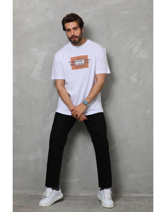 Bisiklet Yaka Baskılı Oversize T-Shirt - Beyaz -