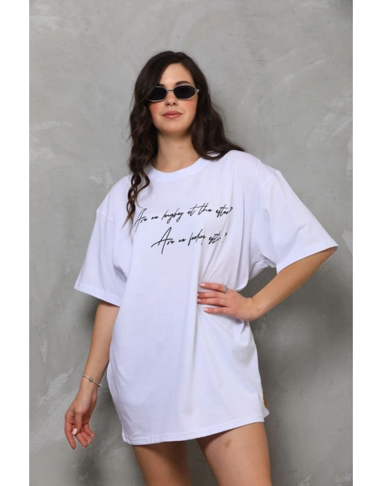 Bisiklet Yaka Baskılı Oversize T-Shirt - Beyaz