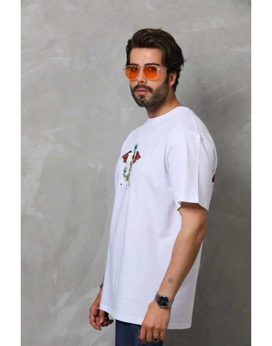 Bisiklet Yaka Baskılı Oversize T-Shirt - Beyaz -