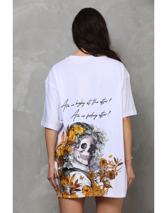Bisiklet Yaka Baskılı Oversize T-Shirt - Beyaz