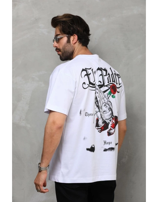 Bisiklet Yaka Baskılı Oversize T-Shirt - Beyaz -