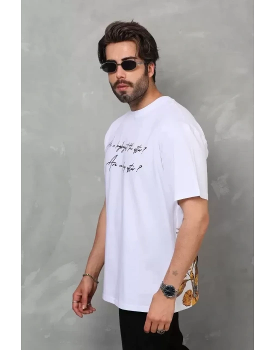Bisiklet Yaka Baskılı Oversize T-Shirt - Beyaz