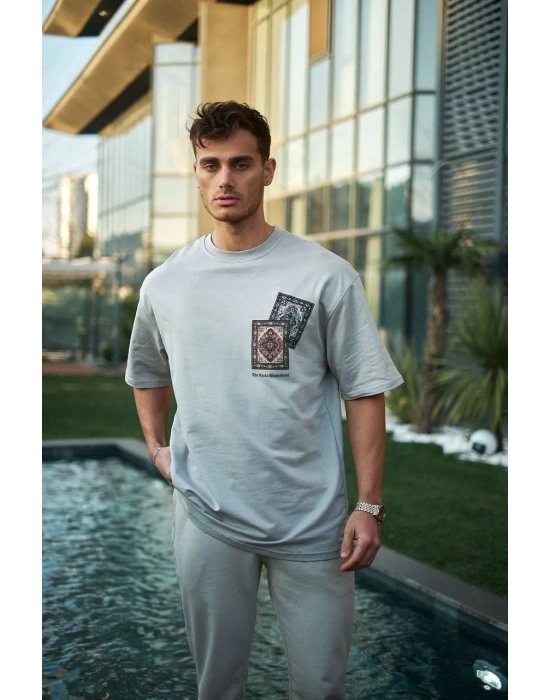 Bisiklet Yaka Baskılı Oversize T-Shirt - Boyalı Gri -