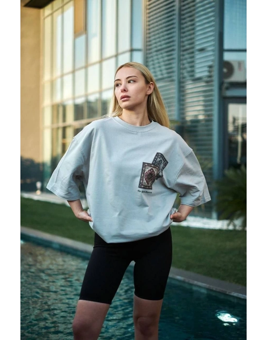 Bisiklet Yaka Baskılı Oversize T-Shirt - Boyalı Gri -